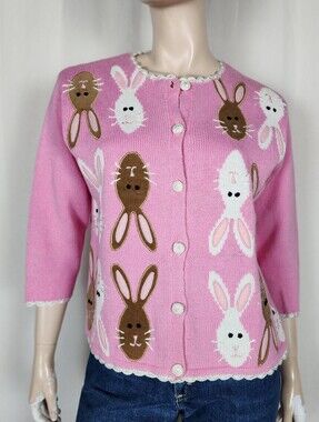 Vtg Knit Rabbit Head Cardigan Sweater M